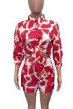 Rose Red Elegant Print Patchwork Turndown Collar Half Sleeve Two Pieces
