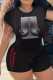 Black Casual Print Patchwork O Neck Short Sleeve Two Pieces