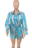 Sky Blue Casual Print Pocket Buckle Patchwork Turndown Collar Long Sleeve Two Pieces