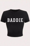 Black Sexy Letters Patchwork O Neck T-Shirts