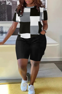Black Casual Print Pocket Patchwork O Neck Short Sleeve Two Pieces