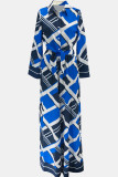 Blue Casual Print Buckle Patchwork Strap Design Turndown Collar Long Sleeve Two Pieces