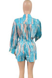 Sky Blue Casual Print Pocket Buckle Patchwork Turndown Collar Long Sleeve Two Pieces
