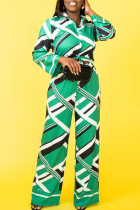 Green Casual Print Buckle Patchwork Strap Design Turndown Collar Long Sleeve Two Pieces