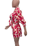 Rose Red Elegant Print Patchwork Turndown Collar Half Sleeve Two Pieces