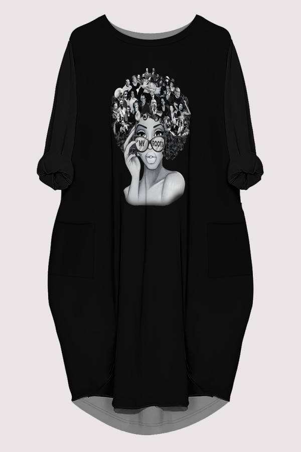 Black Casual Figure Print Pocket O Neck Printed Dresses