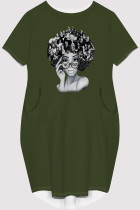 Army Green Casual Figure Print Pocket O Neck Printed Short Sleeve Dress