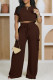 Coffee Street Solid Color Draw String Pocket Patchwork O Neck Short Sleeve Two Pieces