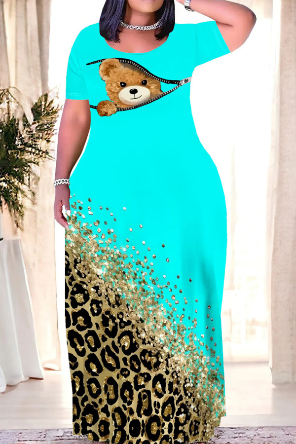 Blue Casual Camouflage Print Animal Patchwork O Neck Printed Dresses