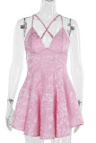 Pink Sexy Print Patchwork Backless Zipper Spaghetti Strap Sling Dresses