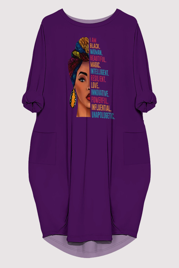 Purple Casual Figure Print Pocket O Neck Printed Dresses