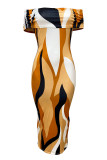 Multicolor Sexy Print Patchwork Backless Off Shoulder Wrapped Skirt Dresses