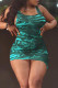 Green Sexy Print Patchwork U Neck Wrapped Skirt Dresses