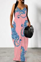 Pink Sexy Animal Print Pocket V Neck Printed Dresses