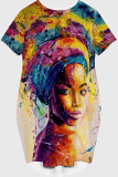 Yellow Casual Print Patchwork O Neck Straight Dresses