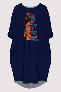 Tibetan Blue Casual Figure Print Pocket O Neck Printed Dresses