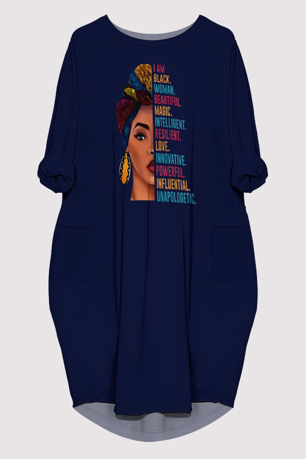 Tibetan Blue Casual Figure Print Pocket O Neck Printed Dresses