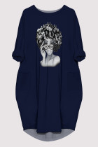 Tibetan Blue Casual Figure Print Pocket O Neck Printed Dresses