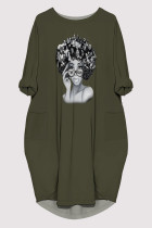 Army Green Casual Figure Print Pocket O Neck Printed Dresses