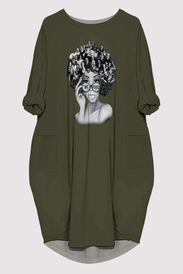 Army Green Casual Figure Print Pocket O Neck Printed Dresses