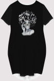 Army Green Casual Figure Print Pocket O Neck Printed Short Sleeve Dress