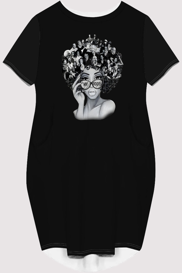 Black Casual Figure Print Pocket O Neck Printed Short Sleeve Dress