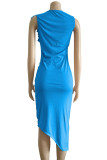 Blue Elegant Solid Color Patchwork Stringy Selvedge O Neck Irregular Dresses