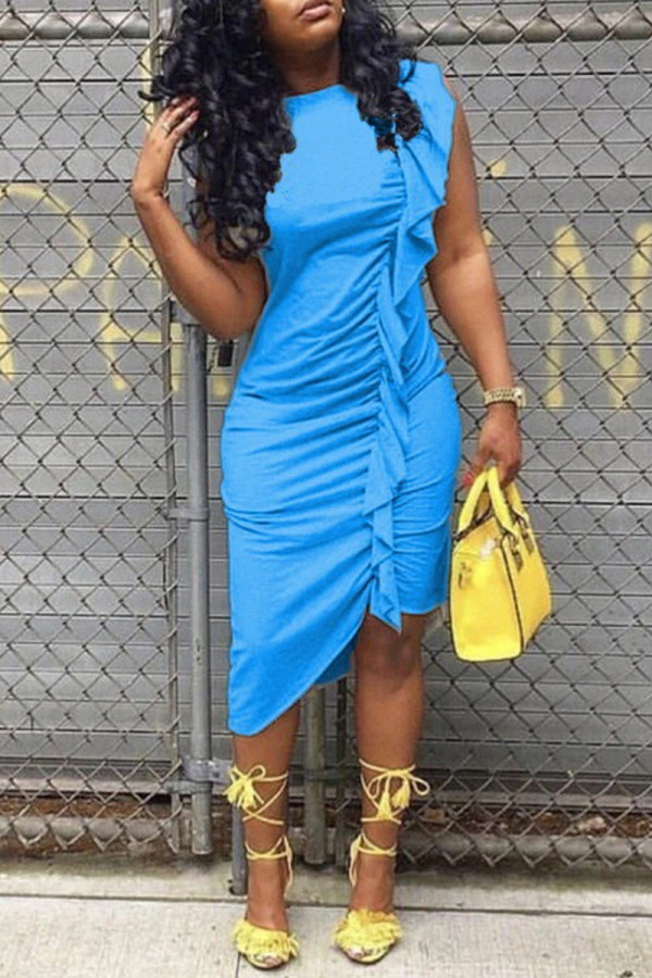 Blue Elegant Solid Color Patchwork Stringy Selvedge O Neck Irregular Dresses