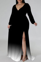 Black Sexy Gradient Print Lace Up Contrast V Neck Printed Plus Size Dresses