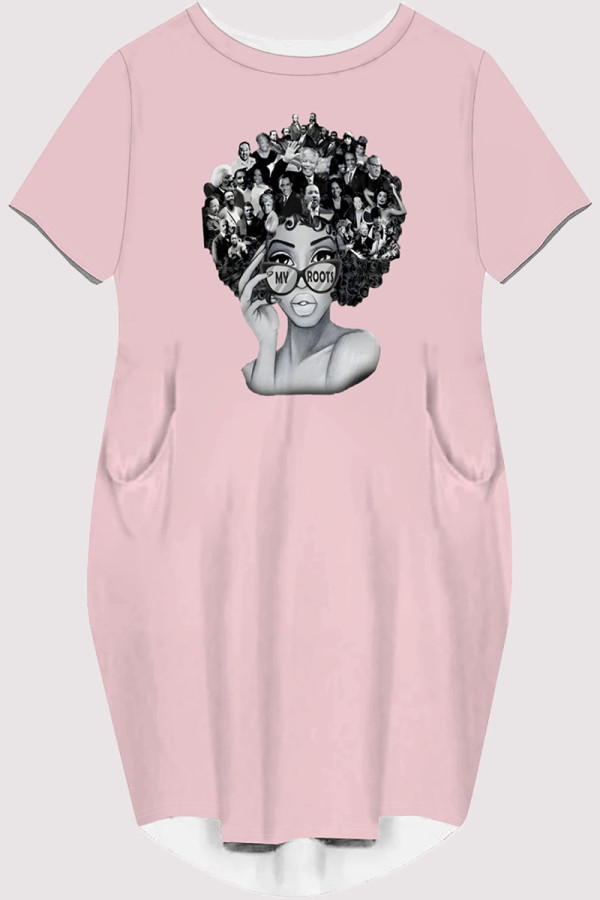 Pink Casual Figure Print Pocket O Neck Printed Short Sleeve Dress