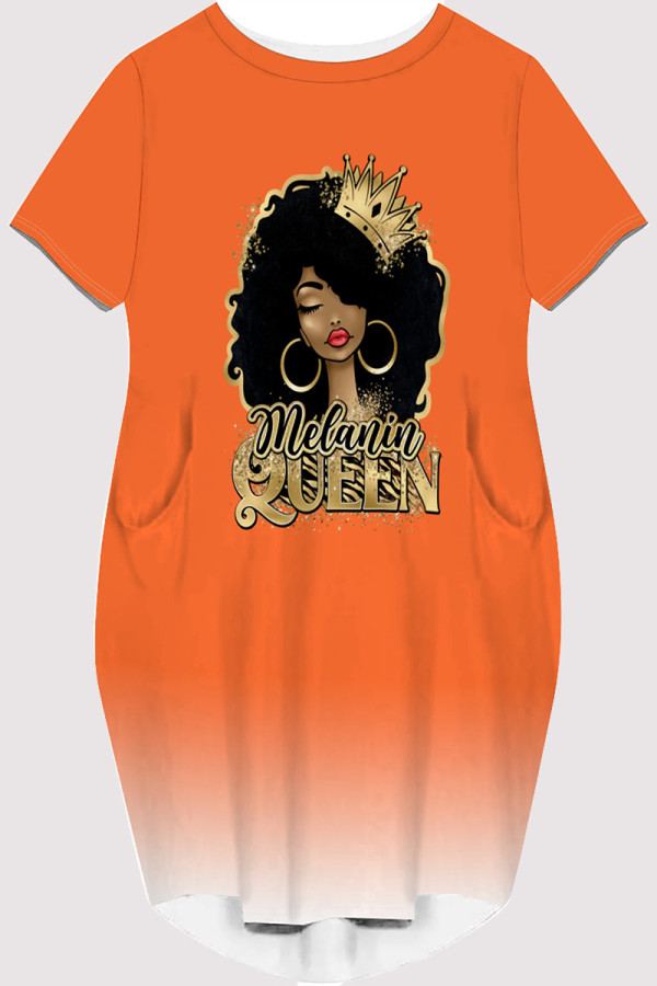 Orange Casual Figure Print Gradient Print Pocket O Neck Printed Short Sleeve Dress