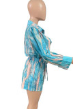 Sky Blue Casual Print Pocket Buckle Patchwork Turndown Collar Long Sleeve Two Pieces