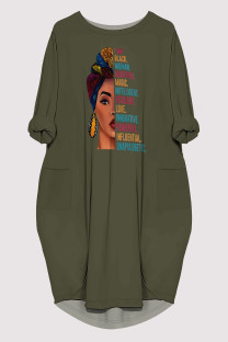 Army Green Casual Figure Print Pocket O Neck Printed Dresses
