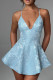 Blue Sexy Print Patchwork Backless Zipper Spaghetti Strap Sling Dresses
