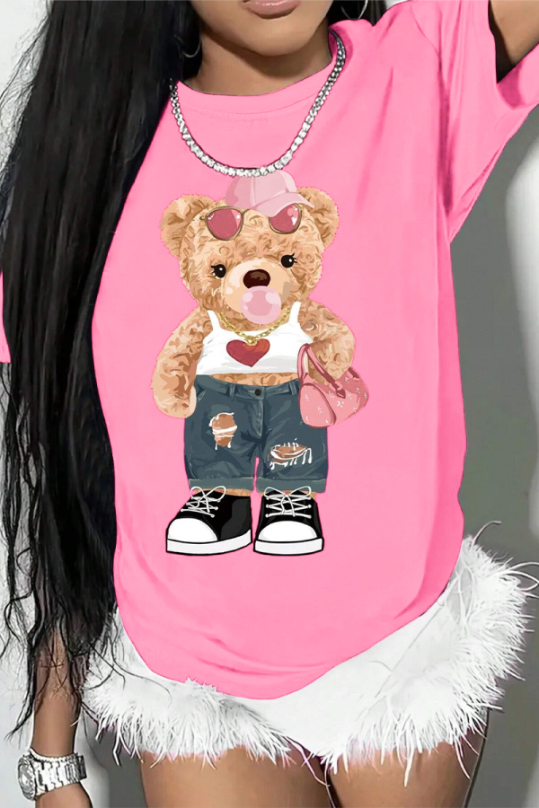Pink Casual Street Graffiti Print O Neck T-Shirts