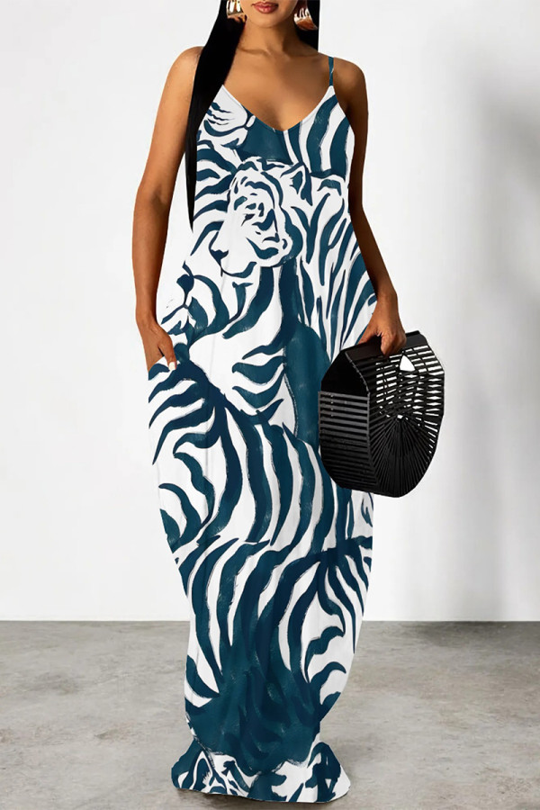 Blue White Sexy Animal Print Pocket V Neck Printed Dresses