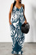 Blue White Sexy Animal Print Pocket V Neck Printed Dresses
