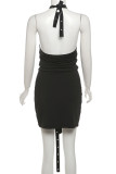 Black Sexy Solid Color Hollow Out Buttons Patchwork Slit Halter Wrapped Skirt Dresses