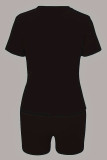Black Casual Print Patchwork O Neck Short Sleeve Two Pieces