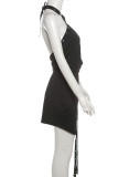 Black Sexy Solid Color Hollow Out Buttons Patchwork Slit Halter Wrapped Skirt Dresses