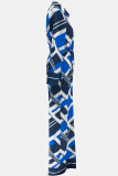 Blue Casual Print Buckle Patchwork Strap Design Turndown Collar Long Sleeve Two Pieces