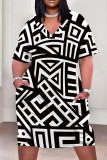 Cyan Casual Print Pocket Patchwork V Neck Straight Plus Size Dresses