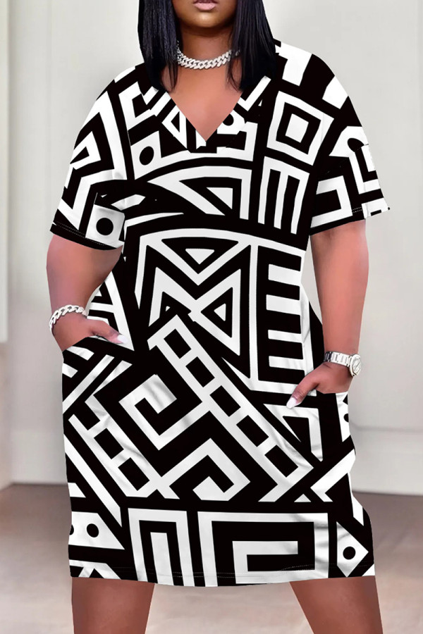 Black And White Casual Print Pocket Patchwork V Neck Straight Plus Size Dresses