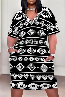 White Black Casual Print Pocket Patchwork V Neck Straight Plus Size Dresses
