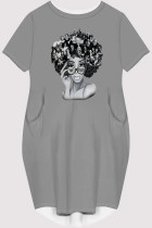 Grey Casual Figure Print Pocket O Neck Printed Short Sleeve Dress