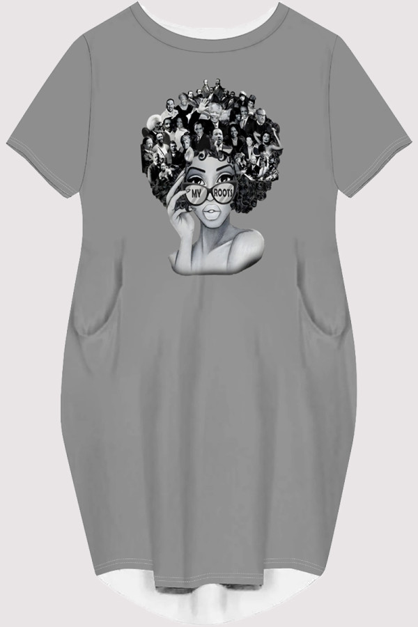 Grey Casual Figure Print Pocket O Neck Printed Short Sleeve Dress