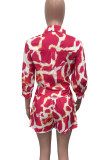 Rose Red Elegant Print Patchwork Turndown Collar Half Sleeve Two Pieces