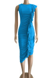 Blue Elegant Solid Color Patchwork Stringy Selvedge O Neck Irregular Dresses