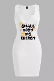 White Sexy Print Patchwork U Neck Wrapped Skirt Dresses