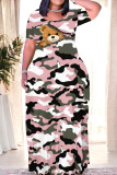 Army Green Casual Camouflage Print Animal Patchwork O Neck Printed Dresses